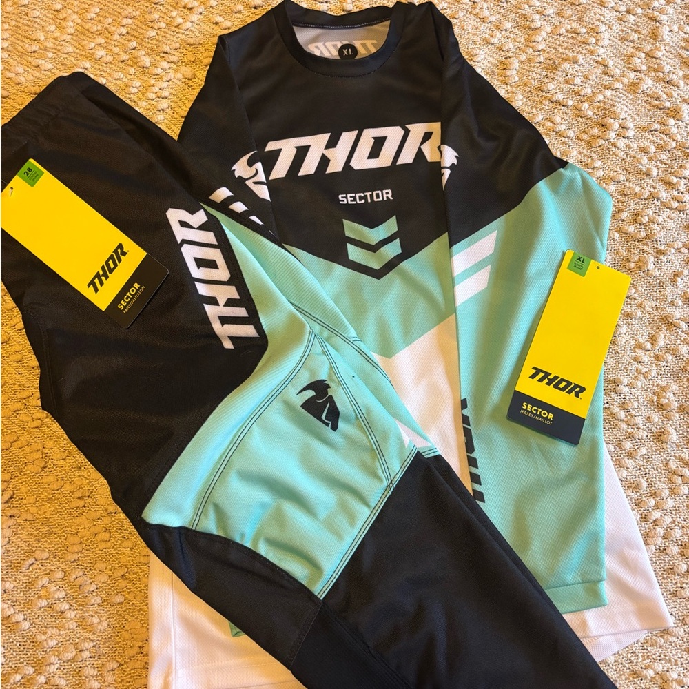 Thor Sector Riding Gear in Black, White, and Teal